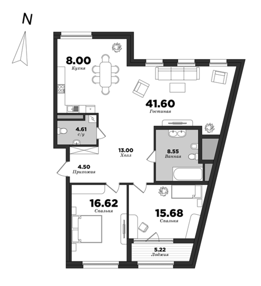 Приоритет, Корпус 1, 2 спальни, 115.17 м² | планировка элитных квартир Санкт-Петербурга | М16